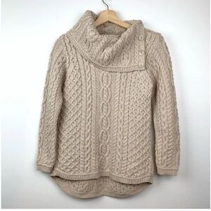 ARAN  MOR IRELAND 100% MERINO WOOL CABLE KNIT COWL NECK SWEATER oatmeal L